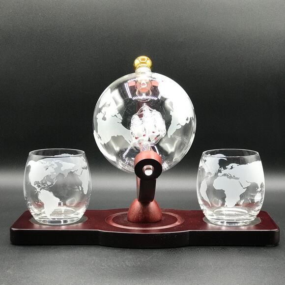 World Globe Liquor Decanter Set with Handmade Ship and 2 Barware Glasses 850 ML - Picture 1 of 14